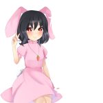  1girl animal_ears black_hair blush bunny carrot_necklace dress floppy_ears hasu_ko highres inaba_tewi jewelry pendant pink_dress puffy_short_sleeves puffy_sleeves rabbit_ears rabbit_tail red_eyes short_hair short_sleeves simple_background standing tail touhou white_background 