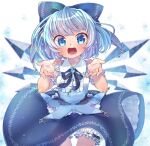  1girl alternate_costume arms_up bangs blue_bow blue_dress blue_eyes blue_hair blue_neckwear blue_ribbon blurry blurry_background blush bow buttons center_frills cirno collared_dress commentary_request cowboy_shot dress eyebrows_visible_through_hair floral_print frills glitter hair_bow highres ibaraki_natou ice ice_wings looking_at_viewer lower_teeth open_mouth outstretched_arms ribbon shiny shiny_hair short_hair solo standing teeth thigh_strap tongue touhou upper_body upper_teeth white_background wing_collar wings 