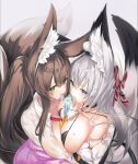  2girls absurdres animal_ear_fluff animal_ears bangs bare_shoulders blue_eyes blush breast_press breasts brown_hair cardigan choker collarbone food fox_ears fox_girl fox_tail green_eyes hair_ornament hair_ribbon highres large_breasts long_hair multiple_girls multiple_tails off_shoulder original plushmallow popsicle ribbon saliva sidelocks silver_hair snowflake_hair_ornament symmetrical_docking tail tongue tongue_out twintails very_long_hair white_background xeirn 