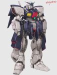  absurdres artist_name english_commentary g-saviour_gundam green_eyes grey_background gundam gundam_g-saviour highres mecha mobile_suit no_humans open_hands redesign science_fiction sky_(sky_sheno) solo standing v-fin 