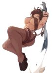  1girl abs armpits arms_up axe bell_orgel blush body_fur breasts brown_hair commentary cow_girl cow_horns cow_tail earrings full_body highres holding holding_axe holding_weapon horns incoming_attack jewelry large_breasts minotaur_(monster_girl_encyclopedia) monster_girl monster_girl_encyclopedia no_bra simple_background solo tail underboob weapon white_background 