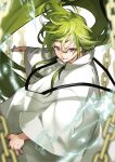  1boy absurdres androgynous bangs chain commentary_request enkidu_(fate) fate/strange_fake fate_(series) fighting_stance green_hair highres kingu_(fate) lightning long_hair long_sleeves looking_at_viewer male_focus red_eyes robe shiny shiny_hair smile smirk solo very_long_hair yoshio_(55level) 