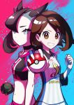  2girls absurdres arm_up arms_up asymmetrical_bangs bangs beast_ball black_choker black_hair blue_background blue_eyes bob_cut brown_hair choker clenched_hand collar collared_shirt crop_top gloria_(pokemon) gloves gym_uniform highres holding holding_poke_ball jersey long_sleeves looking_to_the_side marnie_(pokemon) midriff multiple_girls navel open_mouth outstretched_arm pink_background poke_ball pokemon pokemon_(game) pokemon_swsh riki_(rikixriki07) shaved_head shirt short_hair short_twintails shorts simple_background single_glove smile spiked_hair striped striped_shirt swept_bangs teeth twintails two-tone_background two_side_up white_shirt wide_sleeves 