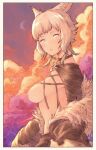  1girl absurdres animal_ears breasts brooch cat_ears cross-laced_clothes facial_mark final_fantasy final_fantasy_xiv from_side fur_trim gusty10rk highres jewelry light_blush looking_at_viewer miqo&#039;te necklace nipples parted_lips short_hair shrug_(clothing) solo sunset undressing upper_body whisker_markings y&#039;shtola_rhul 