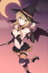  1girl akatsuki_kirika blaze_pso2 blush breasts broom cleavage closed_mouth collarbone crescent demon_wings eyebrows_visible_through_hair green_eyes halloween hat highres large_breasts looking_at_viewer miniskirt navel senki_zesshou_symphogear shiny shiny_skin short_hair skirt sky solo star_(sky) starry_sky striped striped_legwear thighhighs wings witch witch_hat 
