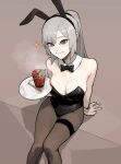  1girl animal_ears arm_support bangs bare_shoulders black_leotard blue_eyes bow bowtie breasts chopsticks cleavage closed_mouth commentary detached_collar english_commentary eyebrows_visible_through_hair fake_animal_ears food gogalking grey_hair highres holding holding_plate knees_together_feet_apart leotard long_hair looking_at_viewer maid_(gogalking) noodles original pantyhose plate playboy_bunny ponytail rabbit_ears ramen simple_background sitting smile solo sparkle strapless strapless_leotard thigh_strap wrist_cuffs 
