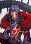  1boy abs bare_pectorals blue_hair chest_tattoo commentary_request cu_chulainn_(fate) cu_chulainn_alter_(fate/grand_order) detached_sleeves earrings facial_mark fate/grand_order fate_(series) fur_collar highres hood jewelry large_pectorals long_hair looking_to_the_side male_focus muscular muscular_male pectorals red_eyes revealing_clothes solo spiked_tail tail tattoo upper_body yoshio_(55level) 