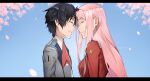  1boy 1girl absurdres bangs black_hair blonde_hair breasts collared_shirt commentary_request darling_in_the_franxx eyebrows_visible_through_hair facing_another from_side grey_jacket grey_shirt hair_ornament highres hiro_(darling_in_the_franxx) jacket long_hair long_sleeves medium_breasts parted_lips petals red_jacket shiny shiny_hair shirt short_hair smile tears teeth tree upper_body yoshio_(55level) zero_two_(darling_in_the_franxx) 