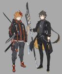  2boys belt black_gloves blue_eyes brown_hair chain cross cross_necklace dog_tags dual_wielding fingerless_gloves full_body genshin_impact glaive gloves grey_background highres holding jacket jewelry long_hair long_sleeves looking_at_viewer male_focus mask mask_on_head multiple_boys necklace orange_hair pants papajay_(jennygin2) polearm pouch simple_background standing symbol-only_commentary tartaglia_(genshin_impact) thigh_strap weapon yellow_eyes zhongli_(genshin_impact) 