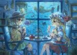  2girls aquarium ascot bangs black_headwear black_legwear blonde_hair blush bookshelf bow collared_shirt commentary crystal cup eating eyeball eyebrows_visible_through_hair fish flandre_scarlet food frilled_shirt frilled_shirt_collar frilled_skirt frilled_sleeves frills green_eyes green_hair green_skirt hat hat_ribbon highres hisako_(6anmbblfnjueeff) holding holding_cup holding_food kneehighs komeiji_koishi long_hair long_sleeves mob_cap multiple_girls one_eye_closed one_side_up puffy_short_sleeves puffy_sleeves red_bow red_eyes red_ribbon red_skirt red_vest ribbon shirt short_hair short_sleeves skirt spoon suitcase table third_eye touhou traditional_media vest wavy_hair white_shirt wide_sleeves wings yellow_neckwear yellow_ribbon yellow_shirt 