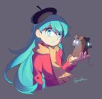  1girl animal bangs beret black_headwear blue_eyes blue_hair bzzt_gcxll frown glaring glowing glowing_eyes hat highres hilda_(hilda) hilda_(series) holding holding_animal long_hair looking_at_viewer possessed pullover scarf signature simple_background solo tide_mice upper_body 