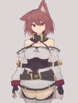  1girl :&gt; animal_ears bandages bare_shoulders breasts brown_eyes character_request copyright_request covered_navel detached_collar fingerless_gloves flat_color gloves hair_between_eyes highres japanese_clothes looking_at_viewer red_hair short_hair solo standing thighhighs yonaga 