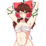  1girl armpits bdsm bondage bound bow breasts brown_eyes brown_hair chest_sarashi collarbone frilled_bow frills hair_bow hair_tubes hakurei_reimu hanaarts md5_mismatch medium_hair midriff navel one_eye_closed plant pubic_hair pubic_hair_peek red_bow sarashi simple_background small_breasts standing stomach sweat thick_eyebrows touhou white_background 