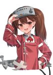  1girl brown_eyes brown_hair cropped_torso japanese_clothes kantai_collection kariginu kokenashi looking_at_viewer machinery magatama red_shirt ryuujou_(kancolle) shikigami shirt simple_background smile solo twintails upper_body visor_cap white_background 