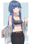 1girl absurdres artist_name bare_shoulders belt belt_buckle black_pants blue_hair breasts brown_belt buckle cleavage closed_mouth collarbone commentary gar32 grey_background grey_shirt highres long_hair looking_at_viewer low_ponytail medium_breasts navel off_shoulder open_clothes open_shirt pants ponytail red_eyes shima_rin shirt sidelocks signature solo two-tone_background very_long_hair white_background yurucamp 