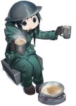  1girl :o ark_order bangs black_eyes black_hair blush brown_footwear brown_gloves chito_(shoujo_shuumatsu_ryokou) cup food full_body gloves green_jacket green_pants helmet holding holding_cup hood hood_down hooded_jacket jacket k_suke_(weibo) long_hair long_sleeves looking_at_viewer low_twintails military military_uniform mug official_art pants pocket pot shoes shoujo_shuumatsu_ryokou sidelocks sitting solo soup steam tachi-e transparent_background twintails uniform 