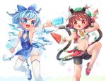  2girls :d alternate_costume animal_ear_fluff animal_ears arm_up bangs bare_shoulders bell bike_shorts blue_bow blue_eyes blue_hair blush bow bowtie breasts brown_hair cat_ears cat_tail chen chinese_clothes cirno commentary_request detached_sleeves earrings eyebrows_visible_through_hair fang flat_chest food foot_out_of_frame gold_trim green_ribbon hair_bow highres holding ibaraki_natou ice ice_wings jewelry jingle_bell knees leg_up long_sleeves looking_at_viewer midriff multiple_girls multiple_tails navel nekomata open_mouth popsicle red_footwear ribbon see-through_sleeves shiny shiny_skin short_hair short_shorts shorts simple_background single_earring small_breasts smile sparkle standing standing_on_one_leg stomach tail tassel teeth thighhighs thighs tongue touhou two_tails underboob upper_teeth watermelon_bar white_background white_bow white_bowtie white_legwear white_ribbon wide_sleeves wings wrist_cuffs 