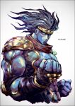  1other armor artist_name black_hair closed_mouth colored_skin fingerless_gloves gloves green_eyes jewelry jojo_no_kimyou_na_bouken k-suwabe long_hair looking_at_viewer pauldrons purple_skin red_scarf scarf shoulder_armor simple_background solo stand_(jojo) star_platinum stardust_crusaders turtleneck white_background 
