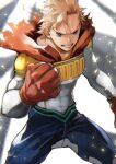  1boy anger_vein angry bangs blonde_hair blue_eyes blue_pants bodysuit boku_no_hero_academia cape clenched_hand clenched_teeth covered_abs fighting_stance gloves grey_background highres long_sleeves looking_at_viewer male_focus muscular muscular_male pants pectorals red_cape red_gloves short_hair simple_background skin_tight solo spiked_hair standing superhero teeth thighs tight togata_mirio torn_cape torn_clothes veins yoshio_(55level) 