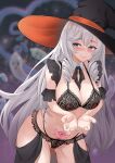  1girl algerie_(azur_lane) azur_lane black_bra black_headwear blush bra breasts commentary_request covered_nipples detached_collar drill_hair eyebrows_visible_through_hair female_pubic_hair frilled_bra frills ghost grey_hair halloween hat highres large_breasts leaning_forward long_hair looking_to_the_side mole mole_on_breast pubic_hair pubic_tattoo purple_eyes revealing_clothes see-through solo takibi_(tamikyo) tattoo twin_drills underwear very_long_hair witch_hat 