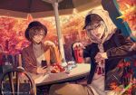  2boys autumn autumn_leaves bangs black_jacket brown_hair cake cup eyebrows_visible_through_hair fingernails food fork hair_between_eyes highres holding holding_cup holding_phone jacket jewelry kanae_(nijisanji) kuzuha_(nijisanji) leaf long_hair long_sleeves looking_at_viewer male_focus maple_leaf mole mole_under_eye multiple_boys nail_polish nijisanji open_mouth outdoors phone red_eyes sharp_teeth sitting smile sweater tea teeth virtual_youtuber yanagiba_kiriko 