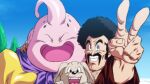  2boys :d afro animal bee_(dragon_ball) black_eyes black_hair blue_eyes blue_sky closed_eyes colored_skin day dog dragon_ball dragon_ball_z facial_hair gloves grin happy looking_at_viewer majin_buu male_focus mr._satan multiple_boys mustache pink_skin rom_(20) sky smile v yellow_gloves 