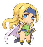  1girl blonde_hair blue_eyes cape celes_chere chibi closed_mouth final_fantasy final_fantasy_vi full_body green_leotard headband leotard long_hair looking_at_viewer mota simple_background solo sword weapon white_background 