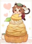  1girl :3 animal_ear_fluff animal_ears artist_logo bangs blush brown_hair cat_ears chen chibi dessert drooling earrings eyebrows_visible_through_hair fang food green_headwear hat heart heart_tail ibaraki_natou jewelry leaf long_sleeves mini_hat mob_cap mochen multiple_tails nekomata open_mouth orange_eyes plate red_skirt red_vest shiny shiny_hair short_hair sidelocks simple_background single_earring skirt sparkle tail touhou two_tails vest white_background 