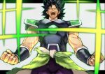  1boy absurdres armor bangs black_hair bodysuit broly_(dragon_ball_super) clenched_hands cowboy_shot dragon_ball dragon_ball_super dragon_ball_super_broly earrings floating_hair fur_trim grey_background hair_up highres jewelry long_hair male_focus muscular open_mouth scar simple_background solo spiked_hair super_saiyan teeth yellow_eyes yoshio_(55level) 