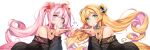  2girls :d :o absurdres ai_kotoba_iii_(vocaloid) artist_name bandaid bandaid_on_cheek bangs black_flower black_sweater blonde_hair bow bow_choker character_name choker collarbone colored_inner_hair cowlick double_bun eyebrows_visible_through_hair floating_hair flower green_eyes hair_flower hair_ornament heart heart_necklace highres jewelry long_hair looking_at_viewer mole mole_under_eye multicolored_hair multiple_girls musical_note na_sera necklace nijisanji nijisanji_kr off-shoulder_sweater off_shoulder open_hand open_mouth pink_bow pink_choker pink_hair purple_eyes rewolf seffyna smile star_(symbol) sweater twintails very_long_hair virtual_youtuber watermark white_background white_flower yellow_flower 