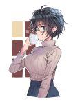  1girl ahoge bangs black_hair blue_eyes breasts commentary_request cup drinking from_side glasses grey_sweater hand_up high-waist_skirt highres holding holding_cup kanna_aria_(matsukichi) large_breasts long_sleeves looking_at_viewer matsuda_(matsukichi) original ribbed_sweater short_hair simple_background skirt solo sweater turtleneck turtleneck_sweater upper_body white_background 