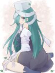  1girl aqua_eyes aqua_hair bandages blush closed_mouth clover commentary_request detached_sleeves dress four-leaf_clover from_behind hair_over_one_eye hat highres long_hair looking_back ootani_yoshitsugu_(sengoku_collection) sengoku_collection sitting smile solo wariza yonaga 