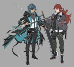  2boys ahoge alternate_costume blue_eyes blue_hair chain coat contemporary diluc_(genshin_impact) dual_wielding eyepatch full_body genshin_impact greatsword grey_background highres holding holding_sword holding_weapon jacket kaeya_(genshin_impact) katana long_hair long_sleeves male_focus multicolored_hair multiple_boys pants papajay_(jennygin2) patch red_eyes red_hair simple_background standing streaked_hair sword symbol-only_commentary thigh_strap weapon white_hair wristband 