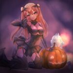  1girl black_dress black_legwear breasts dress halloween_costume jack-o&#039;-lantern johnston_(kancolle) kantai_collection light_brown_hair long_hair medium_breasts official_alternate_costume red_eyes short_dress solo thigh_strap thighhighs twintails two_side_up vampire_costume wss_(nicoseiga19993411) 