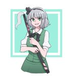  1girl bangs black_bow black_bowtie black_hairband bow bowtie cowboy_shot english_commentary eyebrows_visible_through_hair green_background green_eyes green_skirt green_vest hairband holding holding_weapon katana konpaku_youmu looking_at_viewer mata_(matasoup) open_mouth scabbard sheath sheathed short_hair short_sleeves silver_hair simple_background skirt skirt_set smile solo sword touhou vest weapon white_background 