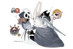  ? arrow_(symbol) artist_name brown_scarf cape dated grey_background grimmchild highres holding hollow_knight k-bone knight_(hollow_knight) mask needle older quirrel scarf simple_background speech_bubble spoken_x the_radiance weapon 