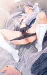  1girl anus bad_id bad_twitter_id bed_sheet black_panties bra bra_removed breasts breasts_outside clothes_lift female_ejaculation female_ejaculation_through_clothing fingering fumihiko_(fu_mihi_ko) grey_hair head_back highres higuchi_kaede kneehighs large_breasts legs long_hair long_sleeves lying masturbation nijisanji nipples no_bra on_back on_bed panties panty_pull pillow pussy_juice pussy_juice_stain saliva skirt skirt_lift solo spread_legs stained_sheets sweat tongue tongue_out trembling underwear virtual_youtuber wet white_legwear 