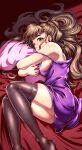  1girl black_legwear breasts brown_hair commentary_request dakimakura_(object) dress hair_bun highres idolmaster idolmaster_cinderella_girls kamiya_nao kobamiso_(kobalt) large_breasts legs long_hair looking_at_viewer lying object_hug on_side pillow pillow_hug purple_dress purple_eyes sideboob solo spaghetti_strap thighhighs 