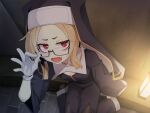  1girl bags_under_eyes blonde_hair breasts fangs from_above glasses gloves habit handjob_gesture highres knees_together_feet_apart lantern marie_(ogami_kazuki) nun ogami_kazuki open_mouth original red_eyes semi-rimless_eyewear sitting small_breasts solo under-rim_eyewear vampire white_gloves 