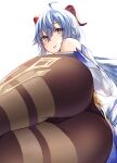  1girl absurdres ahoge akky_(akimi1127) ass bare_shoulders black_legwear black_leotard blue_hair blush commentary_request detached_sleeves from_behind ganyu_(genshin_impact) genshin_impact gloves highres horns leotard long_sleeves looking_at_viewer looking_back pantyhose purple_eyes revision simple_background solo thick_thighs thighs white_background 