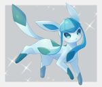  alopias blue_eyes border commentary_request full_body glaceon grey_background looking_at_viewer no_humans pokemon pokemon_(creature) solo sparkle toes white_border 