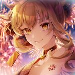  1girl bangs blonde_hair breasts chest_tattoo choker cleavage face fireworks genshin_impact hair_ornament half-closed_eyes highres japanese_clothes kimono looking_at_viewer night night_sky orange_kimono ryi5661124 sarashi sky smile solo tattoo tied_hair yellow_eyes yoimiya_(genshin_impact) 