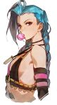  1girl bare_shoulders blue_hair braid bubble_blowing bullet bullet_necklace chewing_gum commentary eyeshadow highres jewelry jinx_(league_of_legends) league_of_legends long_hair looking_at_viewer makeup necklace red_eyes simple_background solo stomach_tattoo tattoo uncle_rabbit_ii white_background 