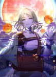  1girl arm_sling banned_artist belt blonde_hair breasts building capelet cast cloud commentary corset glitch grace_(granblue_fantasy) granblue_fantasy hand_up jack-o&#039;-lantern looking_at_viewer medium_breasts moon night open_mouth shirt short_hair skirt smile solo tsukumi_(tkmillust) turtleneck upper_body waving white_shirt yellow_eyes 