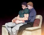  2boys albert_wesker bara belt black_hair black_pants blue_shirt blush brown_hair castella chris_redfield closed_eyes closed_mouth collared_shirt couch couple facial_hair green_shirt grey_pants hug hug_from_behind large_pectorals male_focus multiple_boys muscular muscular_male on_couch pants pectorals resident_evil resident_evil_5 resident_evil_6 resident_evil_village shirt short_hair sitting sitting_on_person yaoi 