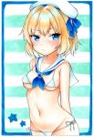  1girl airi_(akamichiaika) bikini blonde_hair blue_eyes blush breasts closed_mouth dress girls_und_panzer hat highres katyusha_(girls_und_panzer) looking_at_viewer navel sailor_dress shiny shiny_hair short_hair simple_background small_breasts solo standing striped striped_background swimsuit white_background white_bikini white_headwear 