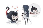  artist_name black_cloak cat cloak dated from_side grimmchild heart highres holding holding_mask holding_sword holding_weapon hollow_eyes hollow_knight hug hug_from_behind k-bone knight_(hollow_knight) mask quirrel simple_background standing sweat sword trembling weapon white_background 