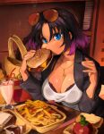  1girl absurdres black_hair blue_eyes bra breasts burger chips cleavage collar cup eating elma_(maidragon) food highres holding holding_food indoors jacket khyle. kobayashi-san_chi_no_maidragon large_breasts looking_at_viewer multicolored_hair potato_chips shirt sidelocks solo tomato underwear 