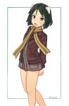 1girl animal_ears bandaid bandaid_on_face black_hair blush bomber_jacket brave_witches brown_eyes brown_jacket commentary_request dog_ears eyebrows_visible_through_hair highres jacket kanno_naoe looking_at_viewer military military_uniform open_mouth scarf seraziel shiny shiny_hair short_hair simple_background smile solo standing uniform white_background world_witches_series 