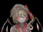  1girl :o amagi_xx bangs black_background blonde_hair blush bow collared_shirt crystal flandre_scarlet glowing glowing_eyes hair_between_eyes hat hat_ribbon mob_cap one_side_up puffy_sleeves red_bow red_eyes red_ribbon ribbon shirt short_hair solo touhou white_shirt wings 